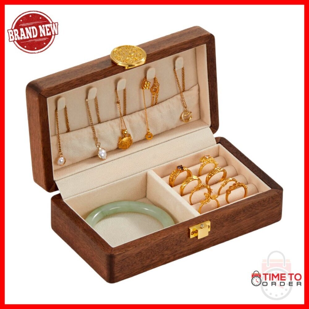 Wooden Travel Jewelry Box With Lock Velvet Lined Organizer For Rings Earrings - Picture 1 of 7